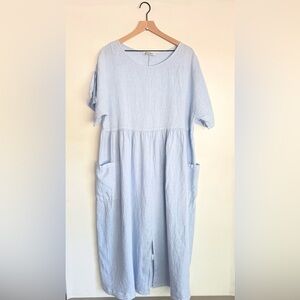 Cut Loose Linen Midi Dress Made USA Oversized Pockets Light Blue M Lagenlook